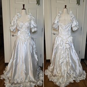 Vintage 80s Alfred Angelo White Embroidered Beaded Princess Wedding Dress